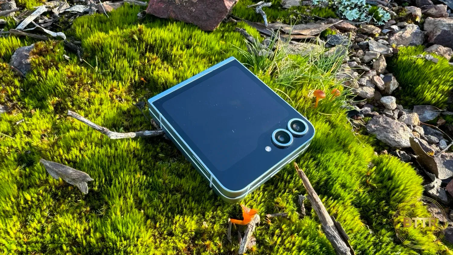 The Galaxy Z Flip6 folded on a bed of moss