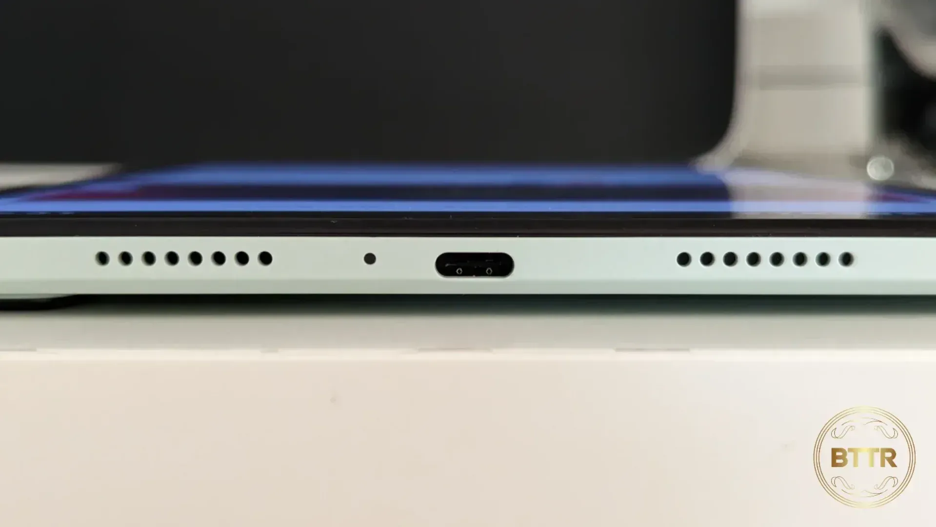 Close up of the top of the NXTPAPER 10s from TCL, with the USB-C port
