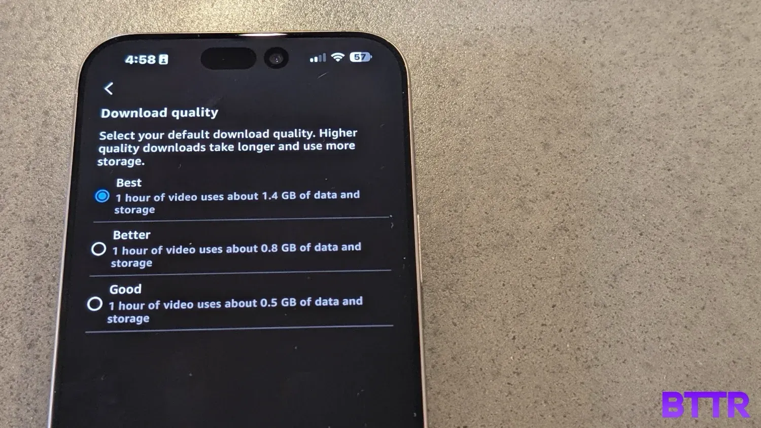 The download quality menu on the Prime Video app
