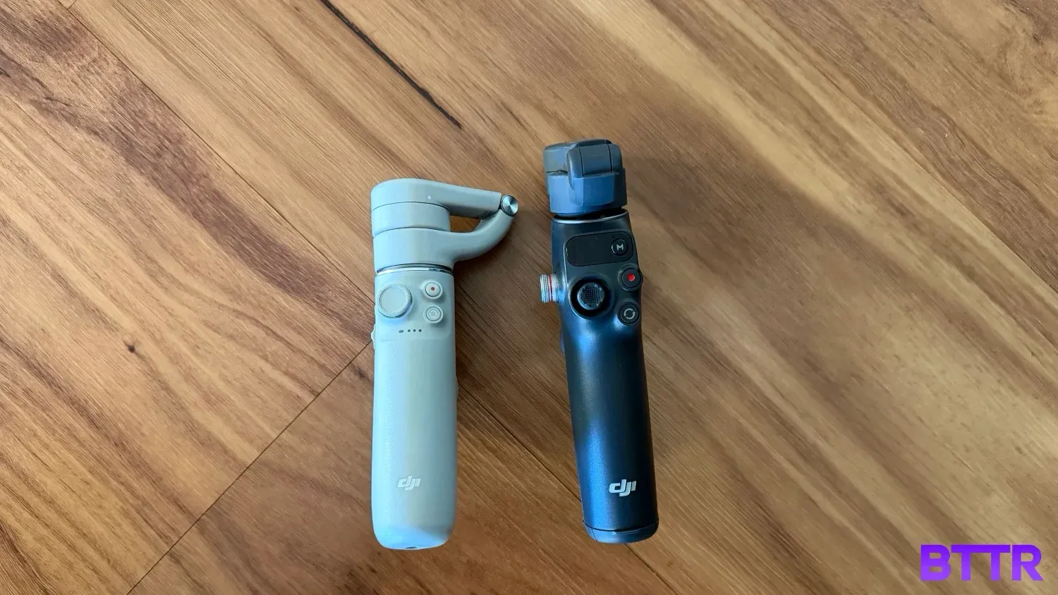 The folded DJI Osmo Mobile 8 (right) and Osmo Mobile 5 (left)