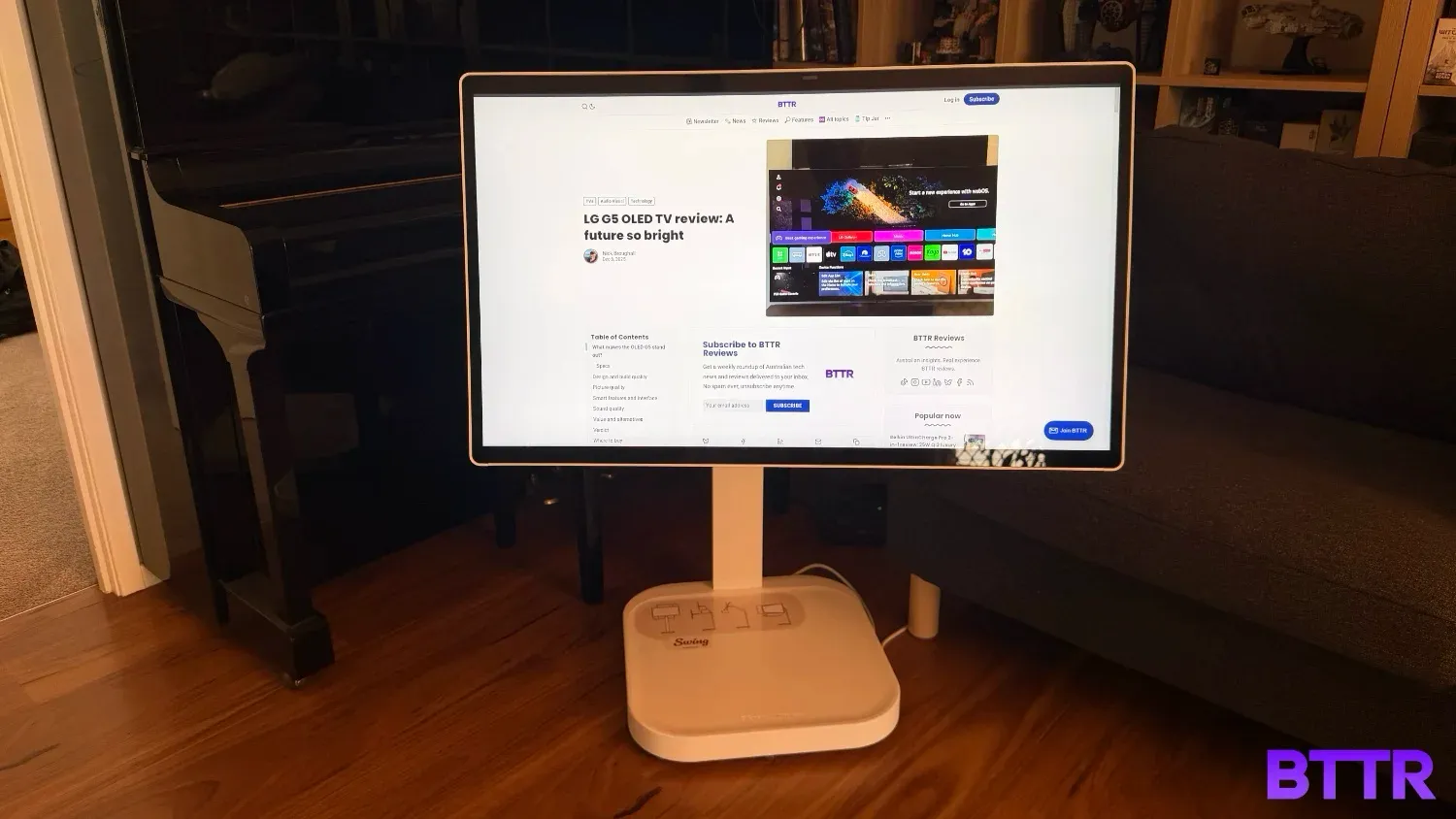 The stand folds to a 90 degree angle, letting the display sit quite low