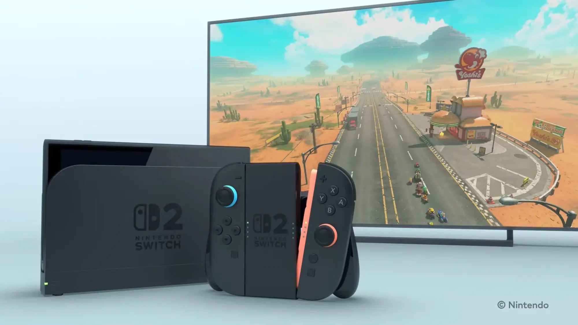 The new Switch 2 with a screen in the background