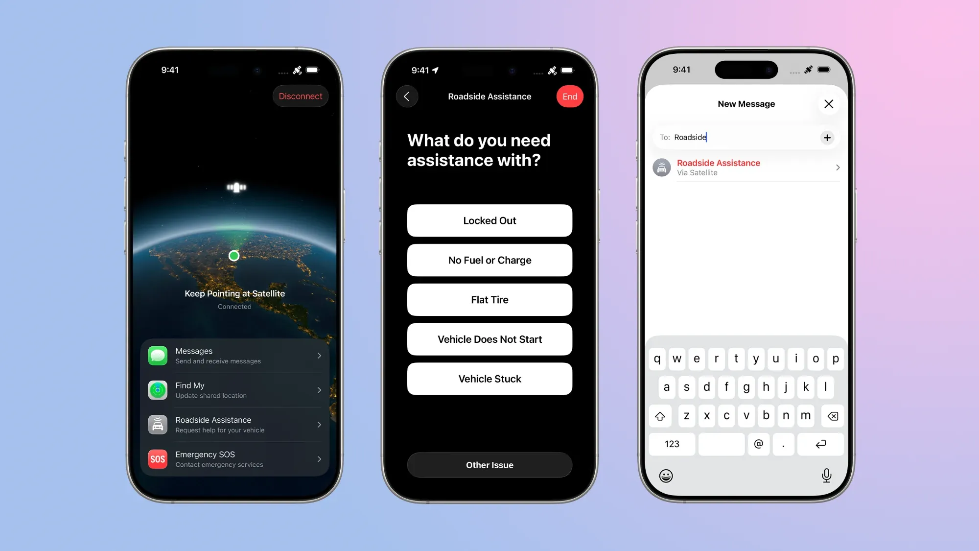 Screenshots of the roadside assistance via satellite on iPhones