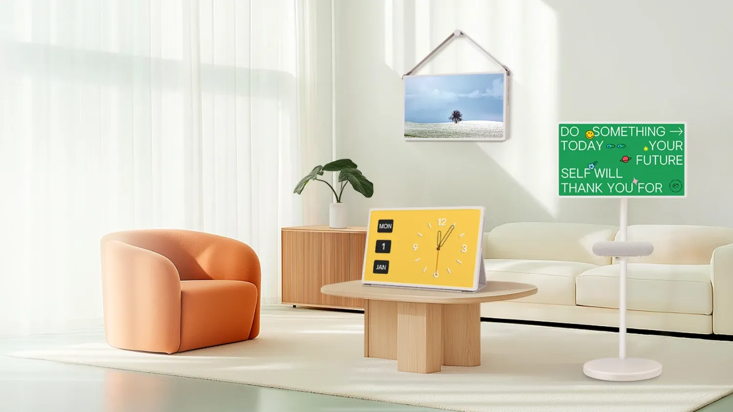 The LG StanbyME 2 in three different setups in a room.