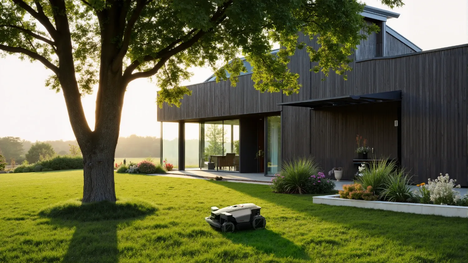 the rockmow z1 cutting overgrown grass in front of a gorgeous house