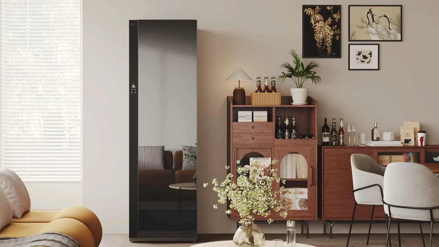 The LG 5 Garment TrueSteam Styler in mirror black in a living space