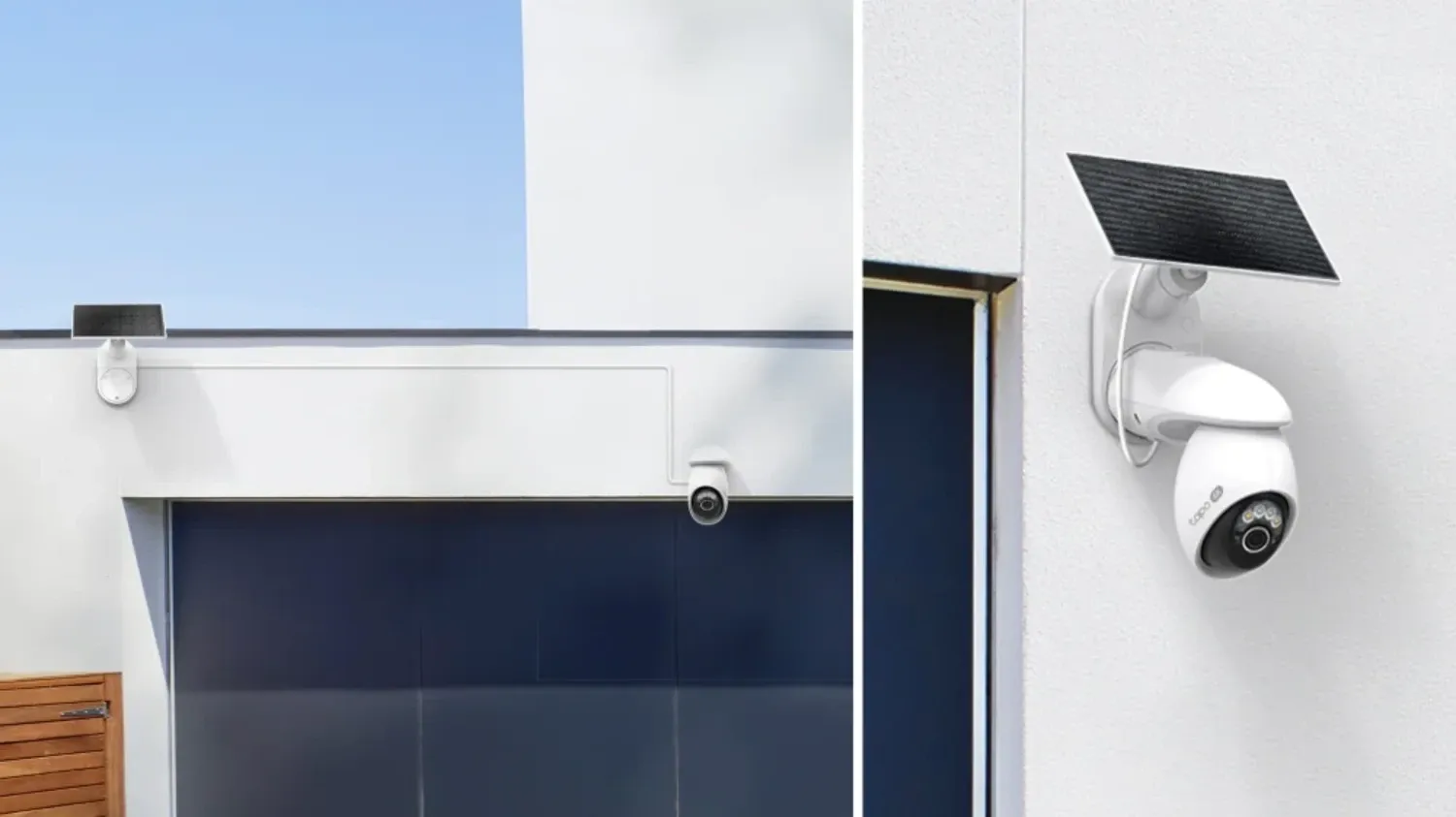 Pictures of the TP Link Tapo C660 KIT camera mounted with the solar panel on top of the camera, and away from the camera.