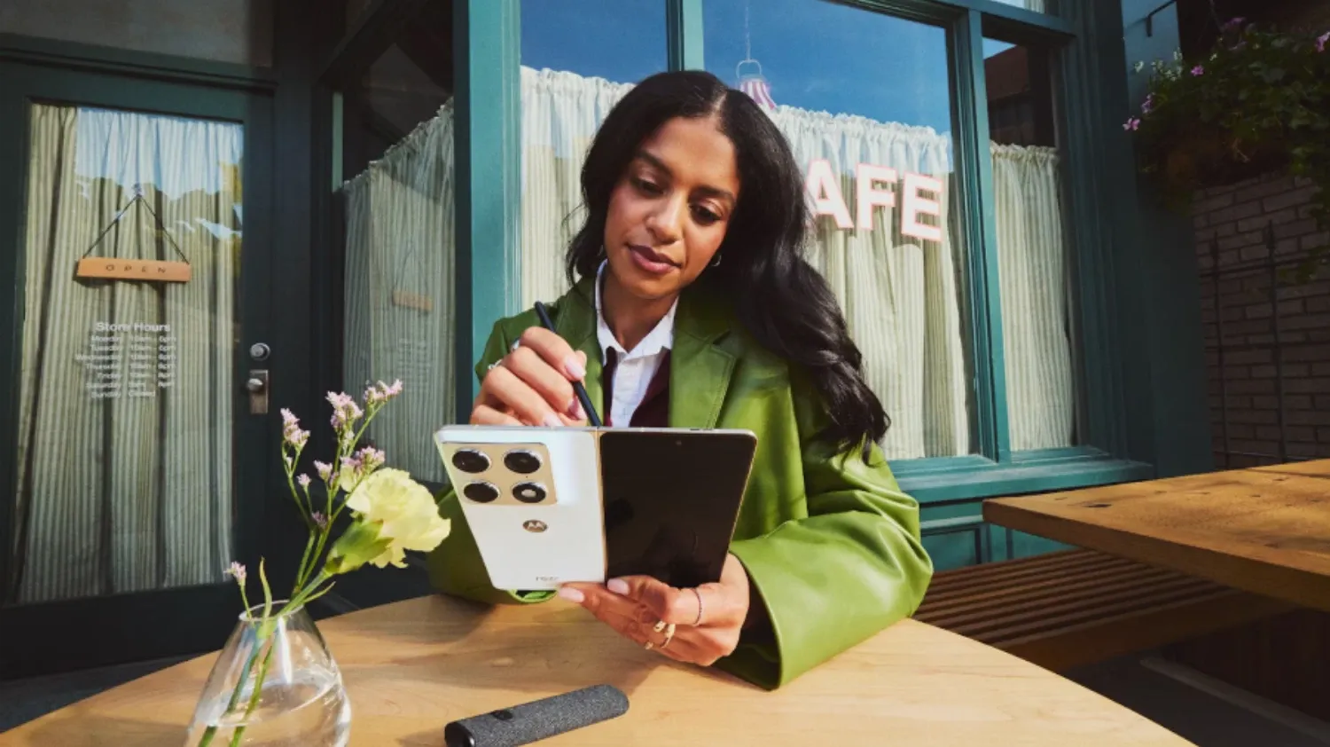 A woman at a table using the Moto RAZR Fold