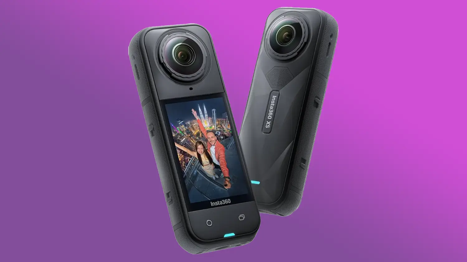 The Insta360 X5 on a purple gradient background