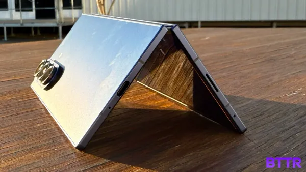 The Galaxy Z Fold7 folded on a table in the sun