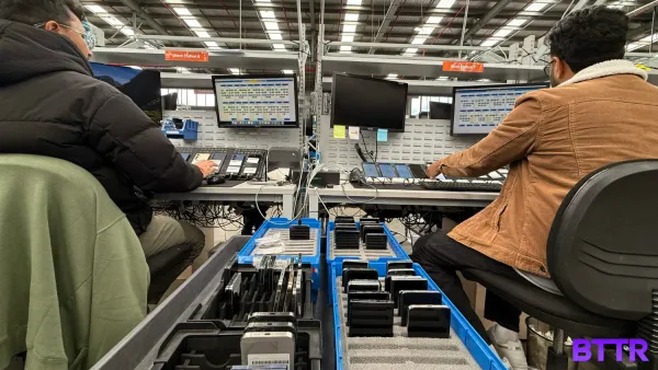 Two workers running comprehensive tests on used phones at the Assurant warehouse.