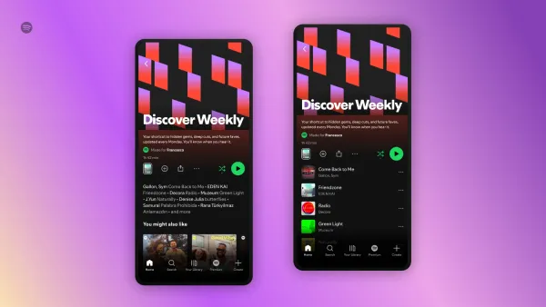 A screenshot of the before and after for Spotify's new free tier.